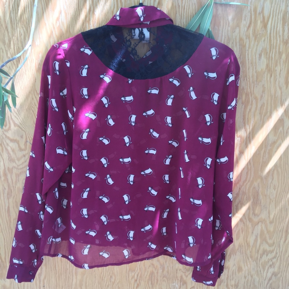 Cat Kitten Kitty Lace Button Down Blouse Burgundy - Picture 3 of 5